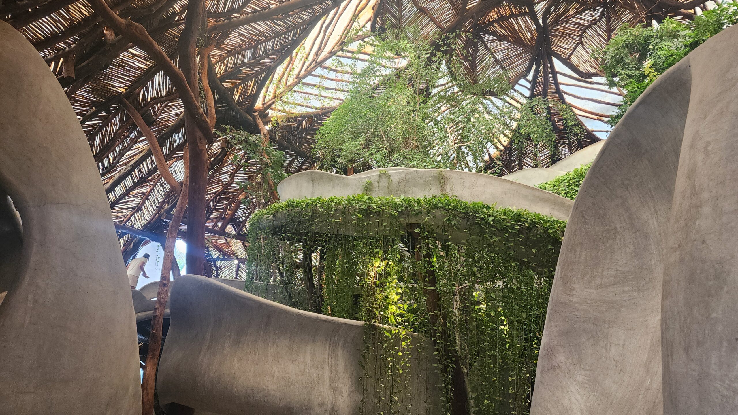 Interior arquitectónico con estructura orgánica de biomateriales y cubierta de fibras vegetales en diálogo con la vegetación.
